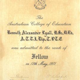 Certificate for admission to rank of Fellow of the Australian College of Education, 1971