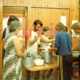 Serving dinner at Camp Toonallook, 1979