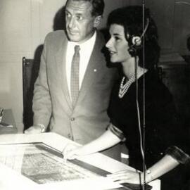 Alfred Mellor and operator demonstrating TV transmission of Stock Exchange market prices, 1962