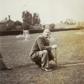 Charles 'Bunny' Gramlick preparing the oval for sports day, 1948