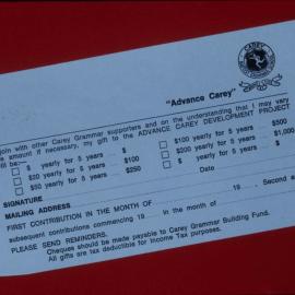 'Advance Carey' donation form, 1974