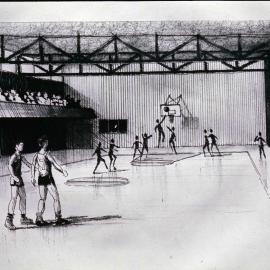 Artist's drawing of proposed gymnasium, 1974