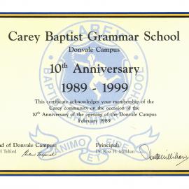 10th anniversary of Donvale certificate, 1999