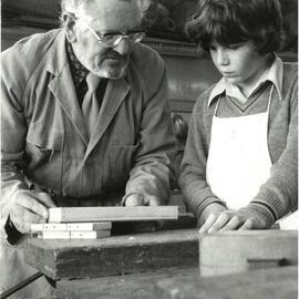 Graeme Burley with woodworking student, circa 1978