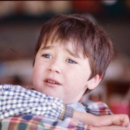 Junior boy wearing art smock, 1974