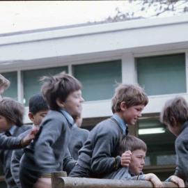 Junior boys on climbing apparatus, 1974
