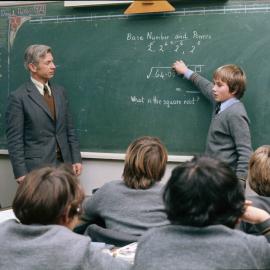 Mr. Shinkfield teaching maths on the blackboard, 1974