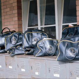 School bags sitting on top of lockers, 1974