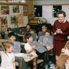 Mollie Brown taking maths lesson, 1974