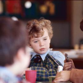 Preparatory School boy wearing art smock, 1974