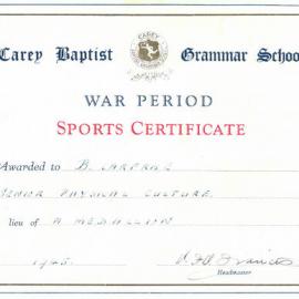 War period sports certificate, 1945