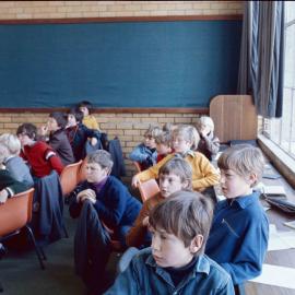 Junior boys seated in class wearing 'free dress', 1974