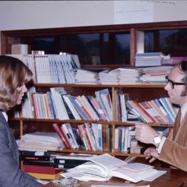 Careers teacher advising senior school student, 1974