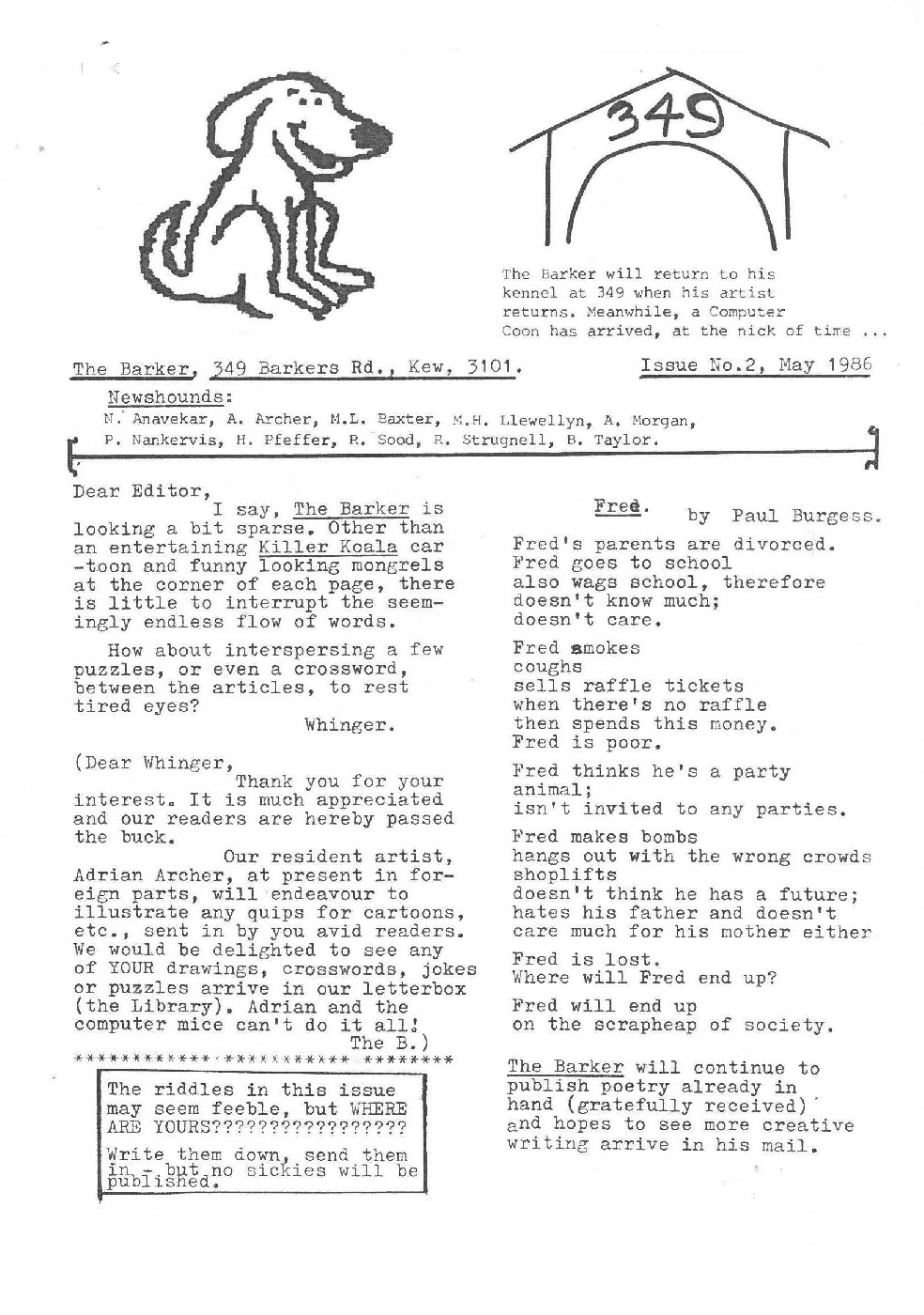 Front cover of The Barker, Issue No. 2, May 1986.